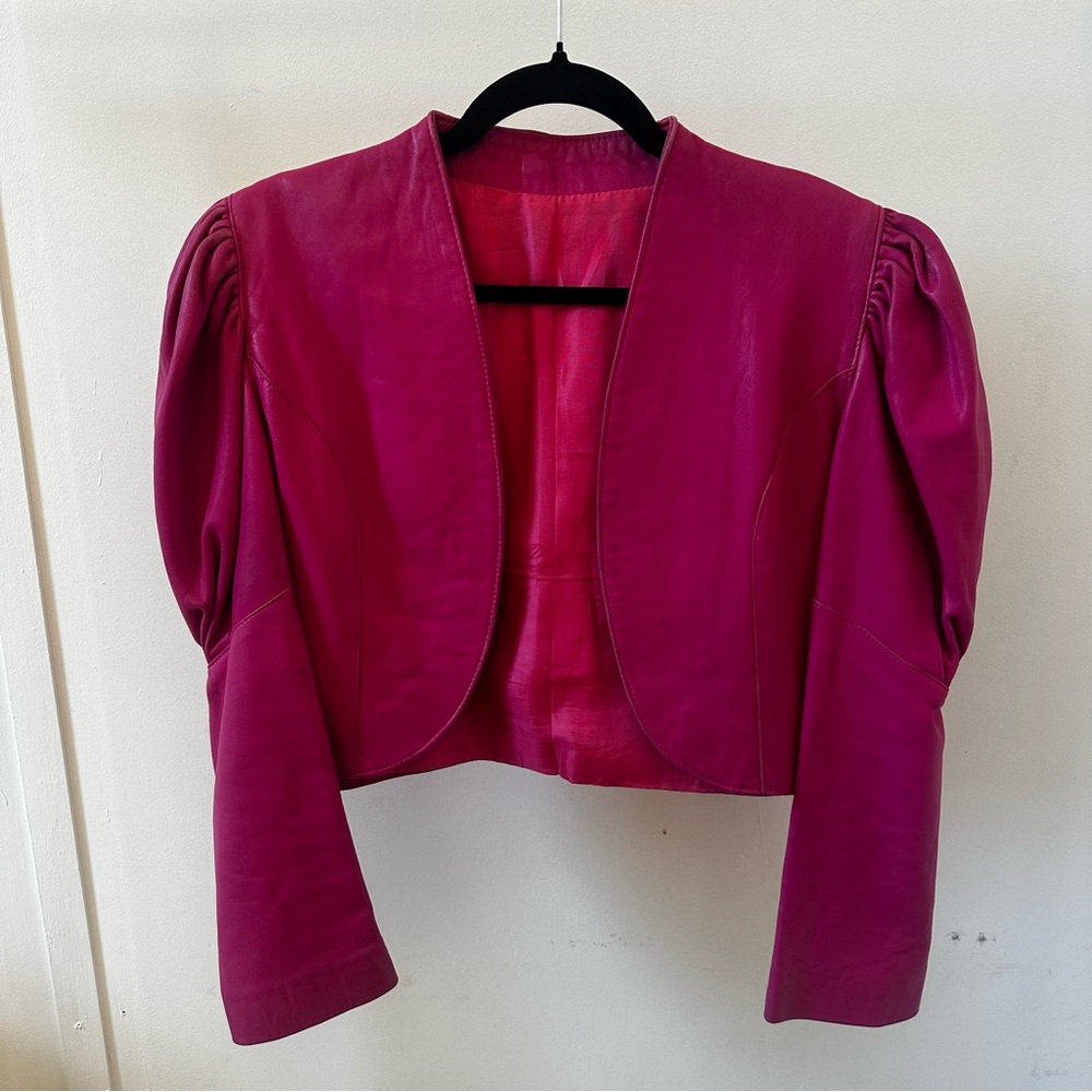 Hot Pink Vintage Lambskin Leather Cropped Jacket | Puff Sleeve Bolero | M - Picture 8 of 8